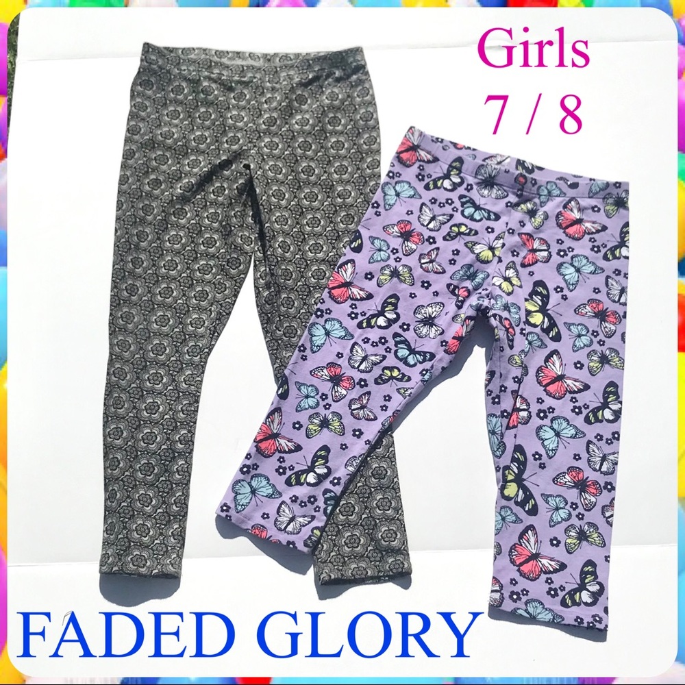 Kids FADED GLORY 2 Pairs Girls Butterflies Floral Print Leggings Size M or 7 / 8